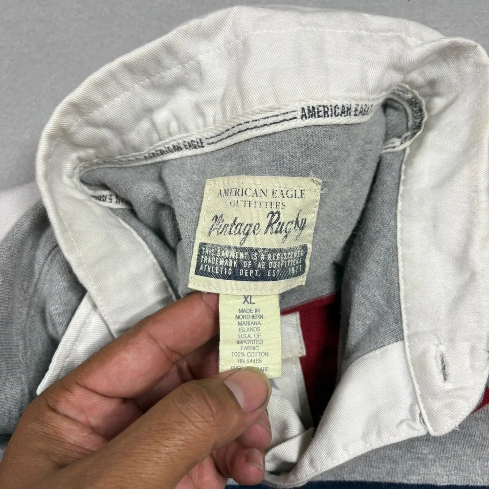 American Eagle Vintage Rugby Shirt Mens XL Long Sleeve Colorblock Stripe 23 Red